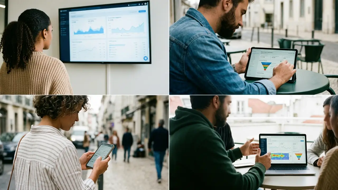Imagem sobre análise de dados no marketing digital com gráficos e métricas em telas digitais.