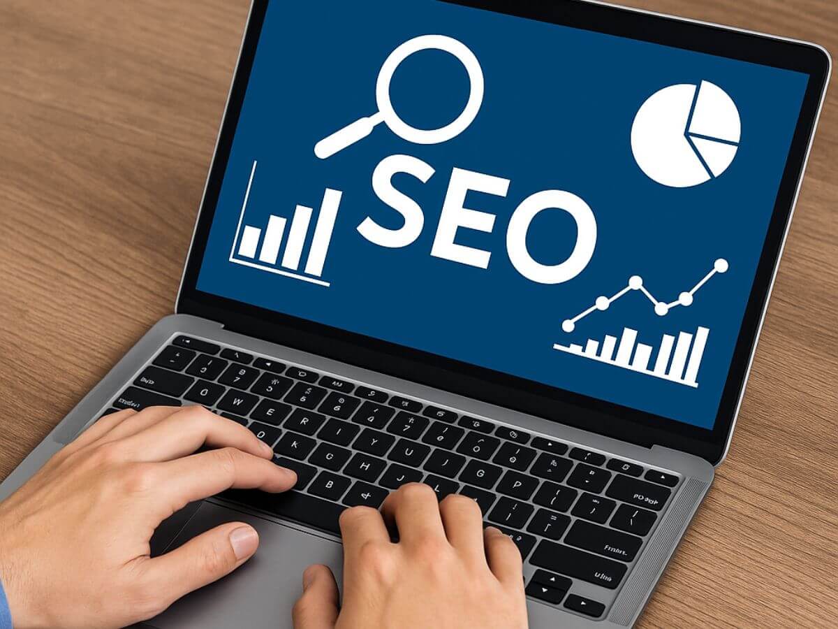 Escrita de conteúdo otimizado para SEO no computador.