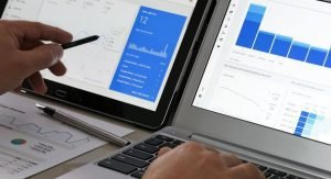 Painel do Google Analytics 4 com métricas em tempo real.