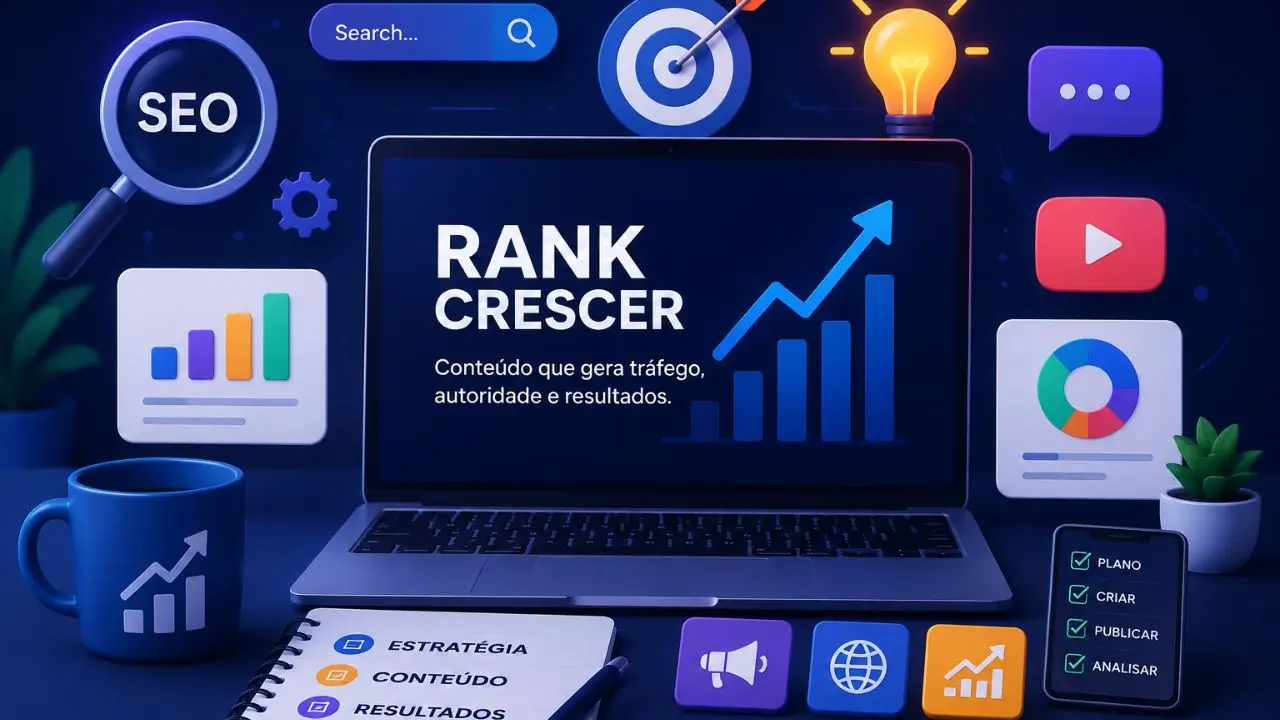 Ilustração moderna sobre SEO e marketing digital com notebook, gráficos de crescimento, análise de dados e elementos digitais do RankCrescer.