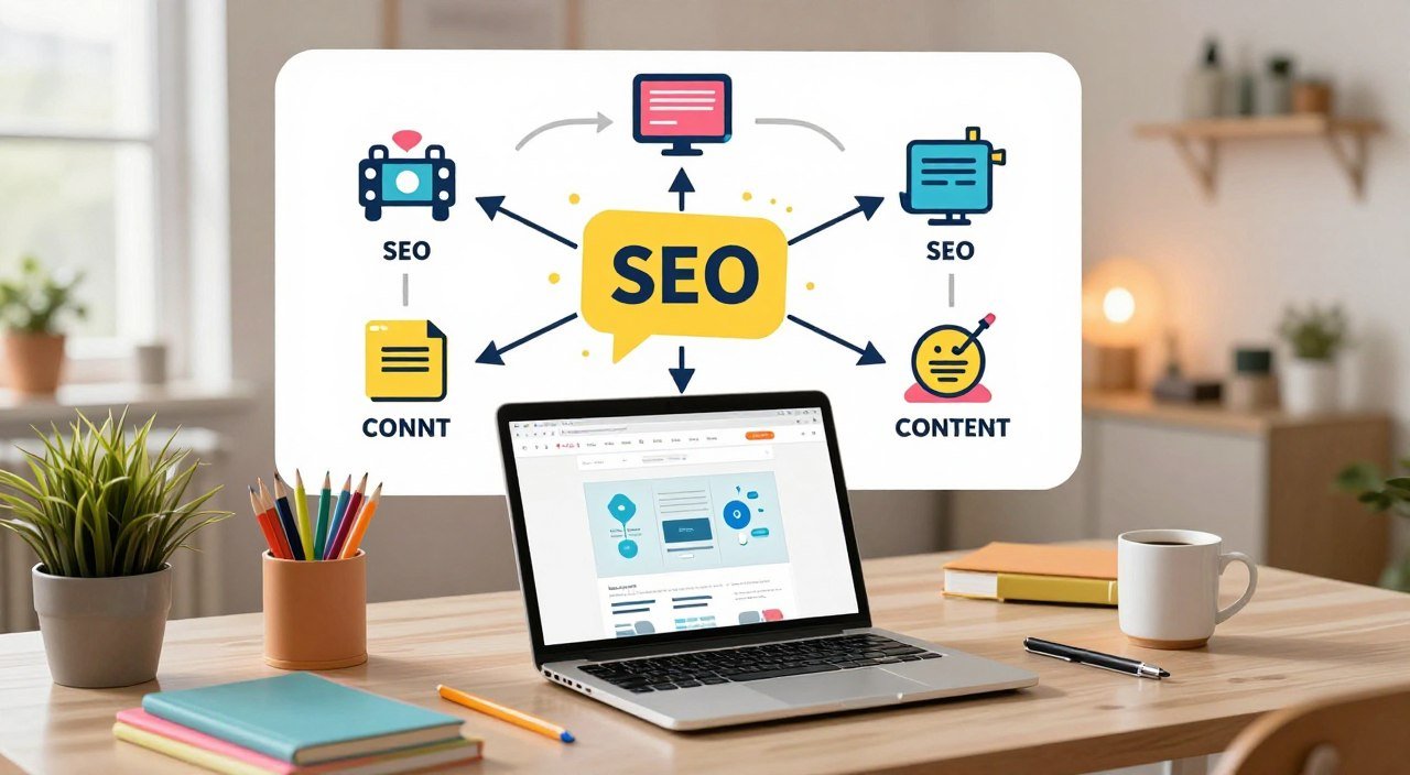 Espaço de trabalho com notebook e elementos de planejamento para atrair tráfego para um site de casa e organização.