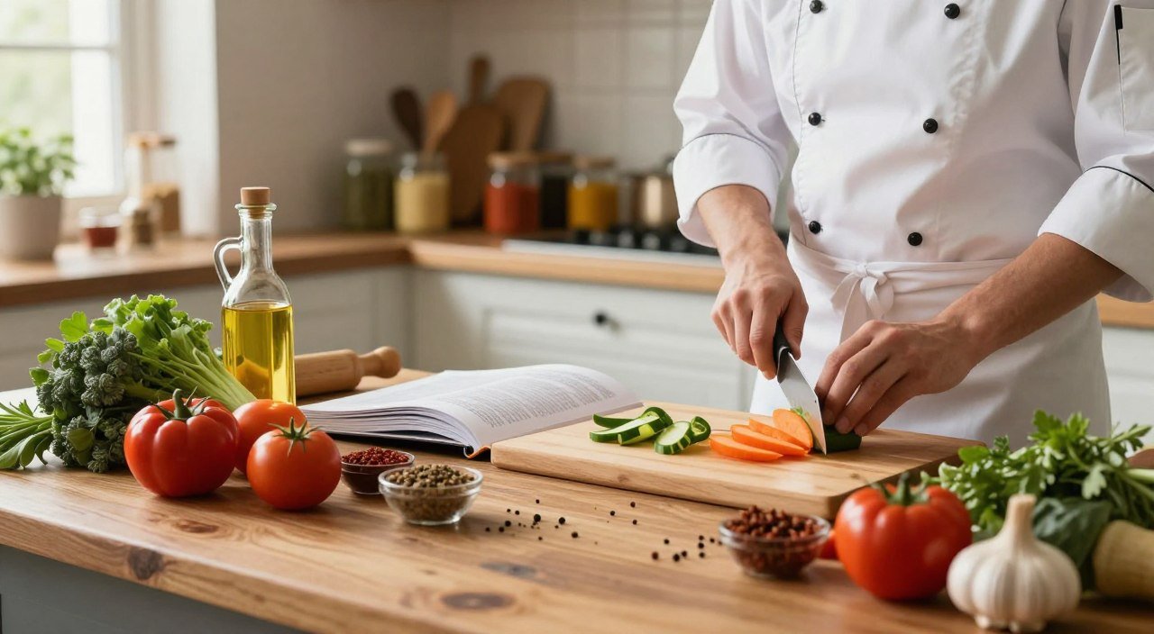 Quais são as possibilidades de um site de receitas? Cozinha com ingredientes frescos e preparo de receitas práticas, representando as possibilidades de um site de receitas.